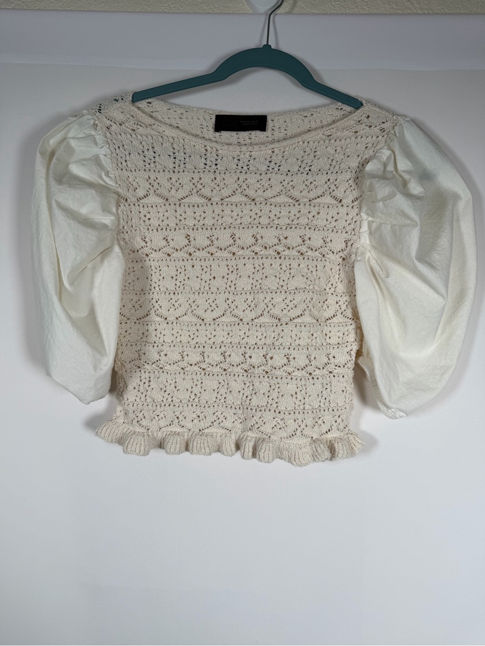 Zara Ivory Crochet Knit Top with Puff Sleeves Boho, Cottage, Romantic